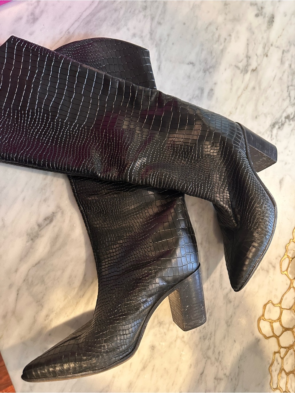 Shutz Black Croc-Embossed Mid-Calf Heeled Boots - Picture 4 of 6